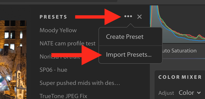 importing lightroom presets